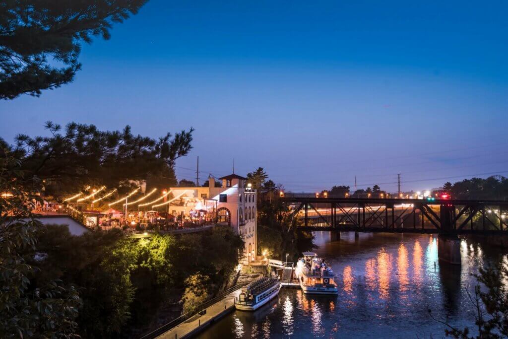 Riverfront terrace at dusk