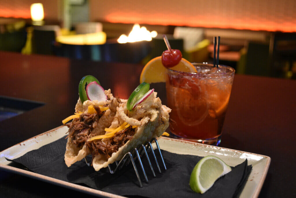 Double Cut Happy Hour tacos and Old Fashioned